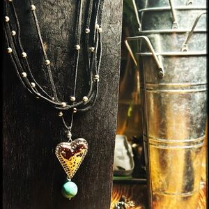 Black Suede, Silver Heart Pendant Necklace with Turquoise Accent